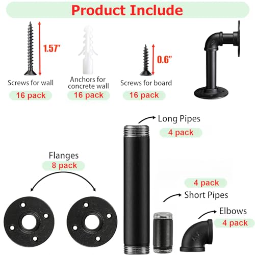 Industrial L Pipe Shelf Brackets for 7-14 in Depth Wood,Heavy-Duty 3/4" Iron,Wall Mount Floating Shelf Bracket L Metal Pipe Shelving Brackets for Wood-Black DIY Pipe Shelves(6.7*3.1 Inch 4 Pack) - size: 6.7 inch 4 pack (for 7-14 inch depth board), style:
