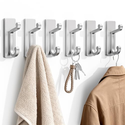 Silver Self Adhesive Hooks - 6 Pack Stick on Hanger. - color: Silver, size: 6 Pack