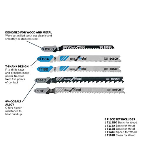 Bosch T500 5-Piece T-Shank Jig Saw Blade Set for Wood and Metal (Pack of 2) - size: 10-Pack