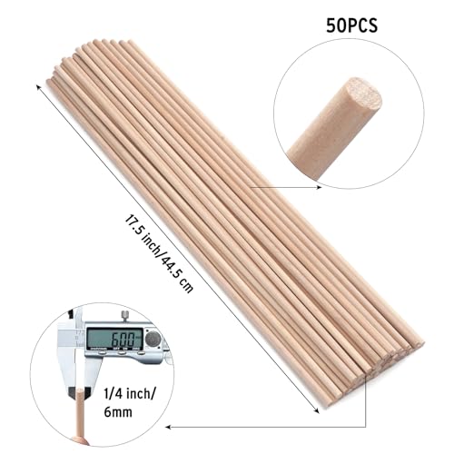 Wooden Dowels Wooden Sticks for Crafts 1/4" x 17.5", 50 PCS Wood Dowel Rods, Wood Sticks for Crafting, Macrame Dowels, Unfinished Round Hardwood Stick for Tiered Cake Support Flower Bouquet, Popsicle - size: 1/4"×17.5"-50PCS