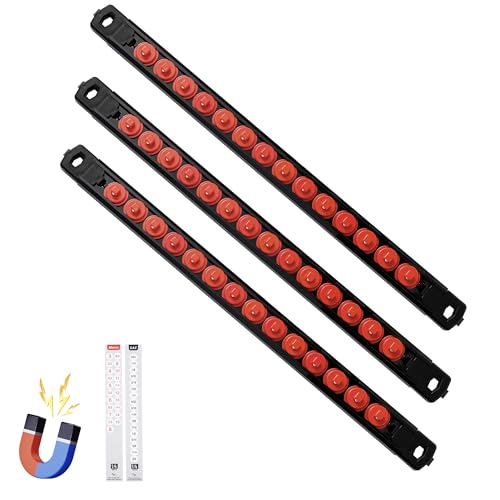 Reniteco Magnetic Socket Organizer, 3-Piece 1/4-Inch Drive ABS Sockets Rail, Heavy Duty Sockets Holder, Socket Rack Kit 1/4-Inch x 42 Clips - color: Red, size: 3 Pcs 1/4" DR