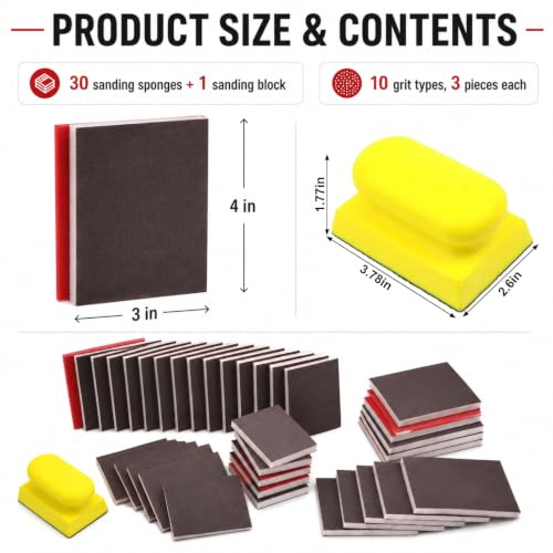 30 Pack Sanding Sponge Set 3x4 Inch 120 to 3000 Grit