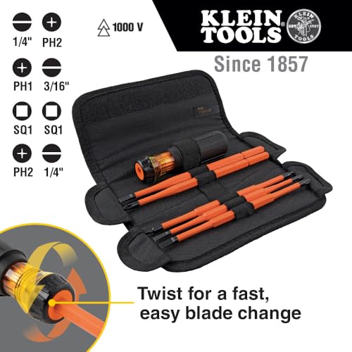 Klein Tools 32288 Insulated Screwdriver, 8-in-1 Screwdriver Set with Interchangeable Blades, 3 Phillips, 3 Slotted and 2 Square Tips - size: 8-in-1 Standard