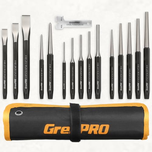 GRENPRO 16‑Piece Heavy Duty Punch Chisel Set, 40CrV with Storage Pouch