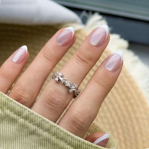 CurvLife Extra Short Almond French Tip Press On Nails, Glazed Blush Cat Eye - color: B3 - Snow Veil