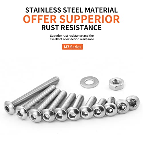 630PCS M3 x 4/5/6/8/10/12/14/16/18/20/25mm Button Head Socket Cap Screws Bolts and Nuts Flat Washers Assortment Kit, 304 Stainless Steel, Metric Machine Fully Thread, Allen Hex Drive - size: M3 Button Head (630PCS)