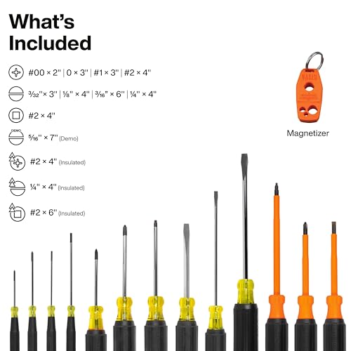 Klein Tools 85814 14-Piece Screwdriver Set, 4 Precision, 5 Standard Drivers with Color-Coded Handles, 3 Insulated Screwdrivers, 1 Demolition Driver, and Magnetizer - style: Deluxe Combo Set