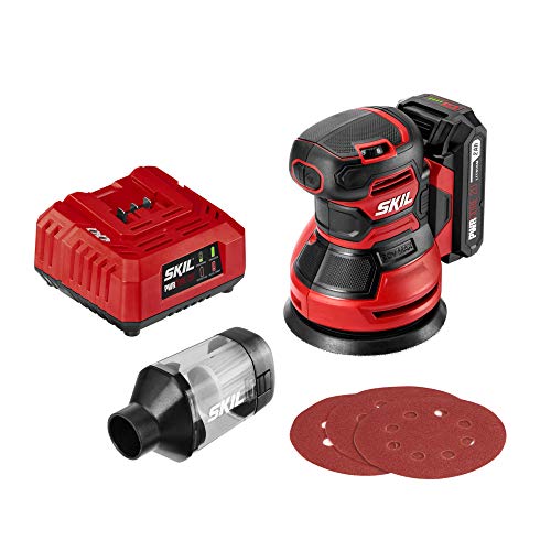 SKIL PWRCore 20 20V Brushed 5" Random Orbital Sander, Variable Speed, Includes 3pc Sandpaper, Dust Box, 2.0Ah Battery and Charger - SR6604B-10 - style: 20V Sander Kit