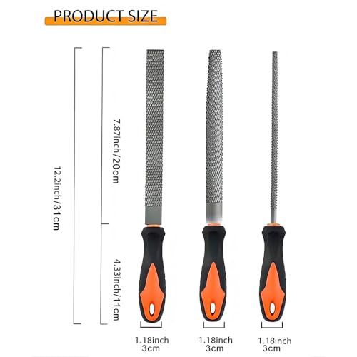 8" Wood Rasp File Set with Rubber Grip - Includes Hand Cut Round, Half-Round, and Flat Rasp File Kit - Curved and Flat Tools(3 Pcs) - size: 8 inch Wood rasp