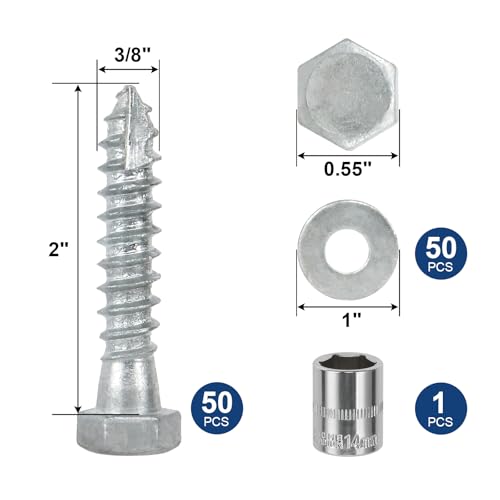 3/8" x 2" Lag Screws Bolts with Washers(50Pcs) - size: 3/8x2in