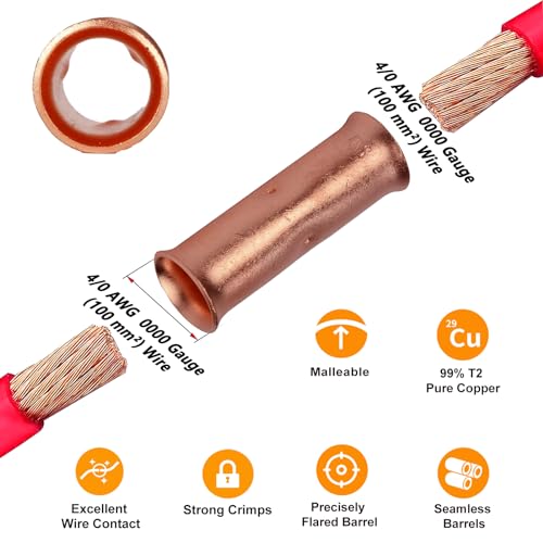 SVAAR 0000 Gauge Flared Barrel Butt Splice Connectors Kit 6PCS 4/0 AWG Non-Insulated Butt Connectors Bare Pure Copper Flared Compression Butt Splices Crimp Butt Terminals+6 PCS Heat Shrinks - color: Bare Copper