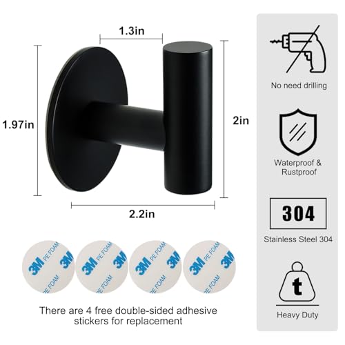 Vuzvuv Matte Black Self Adhesive Stainless Steel Towel Hook (4-Pack) | SUS304, Self-Adhesive, Heavy Duty, Waterproof, Coat Robe Clothes Wall Hook Holder for Bathroom Kitchen Office Hotel Pool - color: Black-4 Pcs
