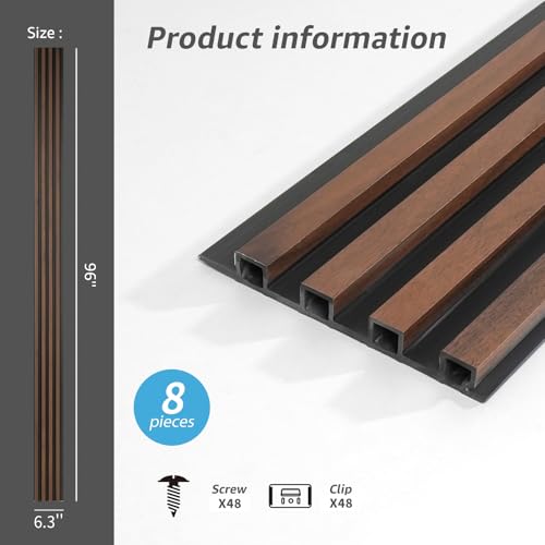 Art3d 96 x 6 Inch 3D Fluted Wood Textured Slat Wall Panel, 8-Pack, Walnut - color: WPC Walnut, size: 96*6