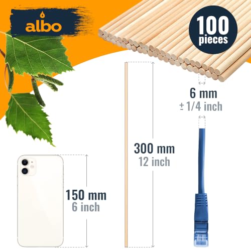 ALBO 1/4" x 12" Wooden Dowel Rods – Round Wood Sticks for Crafts, DIY Projects, Woodworking, Furniture Repair, School & Hobby Use, 100PCS - size: 1/4" x 12" 100 Pcs