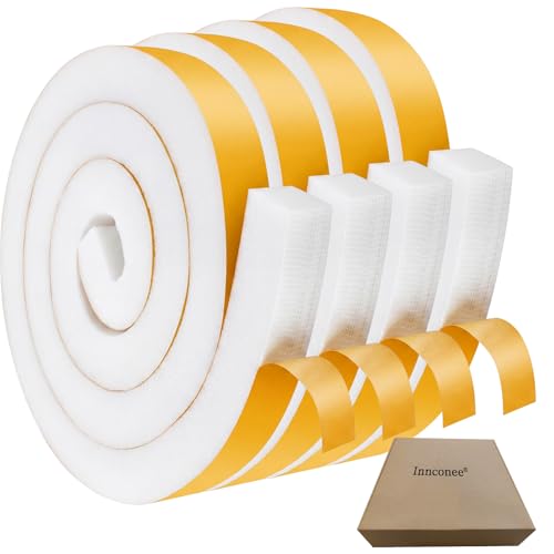 4 Rolls 1-1/2 Inch W x 1-1/2 Inch H Foam Weather Stripping with Adhesive 8 ft Foam Density Closed Cell Tape Seal for Uneven Gaps Doors Windows (White) - color: White