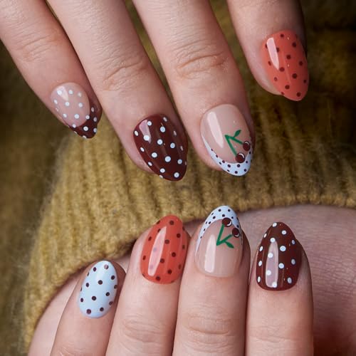 CurvLife Extra Short Almond Press On Nails, Sweet Charm Dots, Soft Gel - color: C5 - Cherry Dots