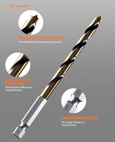 Crosstar 13Pcs Brad Point Drill Bit Set &Extension Bar,1/4" Shank 1/8"-1/2"