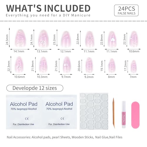 Mivota Luxury Soft Gel Press On Nails Medium Almond Nude Pink Jelly with 3D Butterfly & Pearl Design, Reusable Glue On Fake Nails for Women, Salon Manicure Set 24PCS - color: 3D-71 Light Purple Gradient