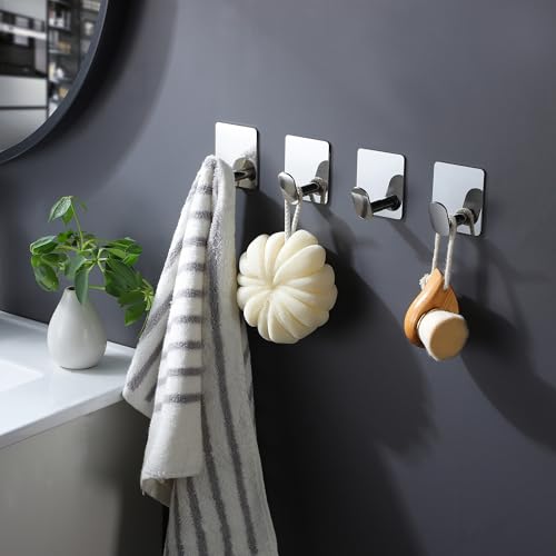 DELITON Adhesive Towel Hooks, 4 Pack Stainless Steel 26lb Max Mirror Silver - color: Mirror
