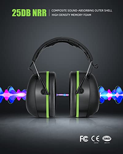 HZ07 Upgrade Bluetooth 5.3 Hearing Protection Built-in 1500 mAh Rechargeable Battery 40 Hours+ Playing Time Noise Cancelling 25dB NRR Earmuffs NRR 25dB for Mowing Workshops, Green - style: Green, No Fm/Am, Bluetooth, Rechargeable Battery