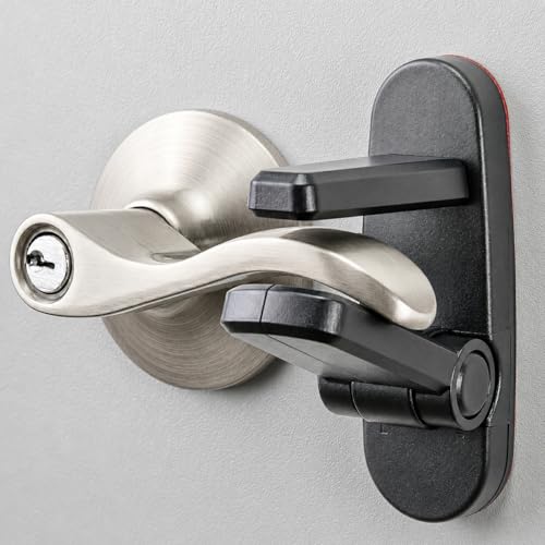 Door Lever Lock (2 Pack) Prevents Toddlers from Opening Doors. 3.25" L * 1.5" W * 4.5" H Easy One Hand Operation for Adults. Durable ABS with 3M Adhesive Backing. Simple Install, Black - color: Black