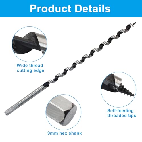 3/8 Inch Wood Auger Drill Bit 12 Inch Long Hex Shank for Hardwood - size: 3/8 x 12 Inch