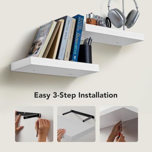 AMADA HOMEFURNISHING Floating Shelves Wall Mounted, 15 x 7 Inch Wall Shelves for Bathroom, Bedroom, Living Room, White Shelves Set of 2 | Wall Shelves with Hidden Bracket, Solid MDF Wood, 22 lbs Max Load per Shelf, Easy to Assemble, Multi-Wall Compatible