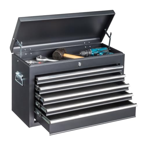 Winado 24" Portable Metal Tool Box, 5 Drawers Lockable Toolbox, Black - color: Black