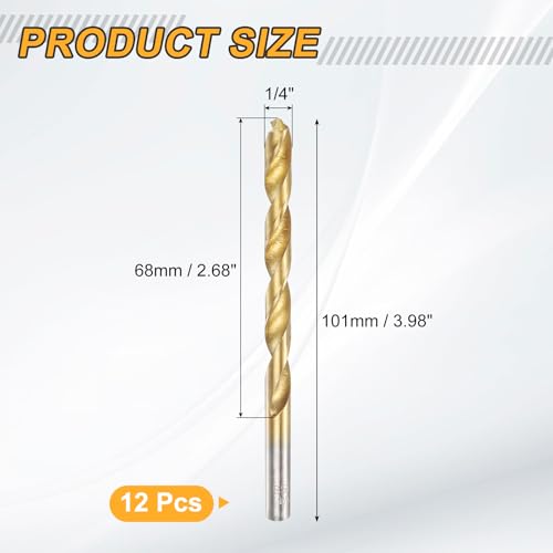 uxcell 12pcs Titanium Twist Drill Bit 1/4" Drilling Dia High Speed Steel Drills for Hardened Metal, Stainless Steel, Cast Iron, Wood, Plastic - size: 1/4 inch