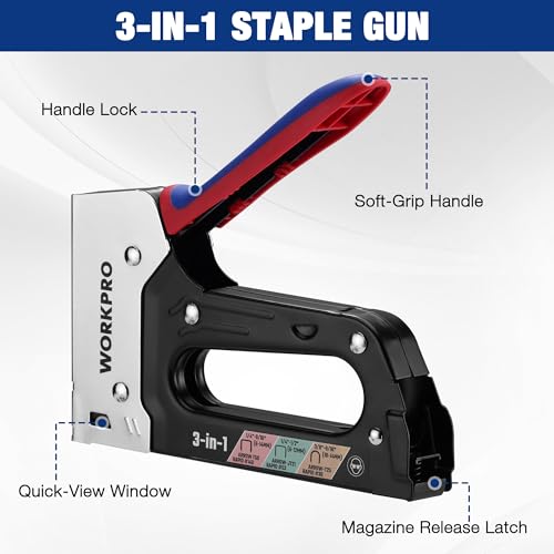 WORKPRO Upholstery Staple Gun, 3-in-1 Heavy Duty Staple Gun with Safety Lock, Includes 3000 pcs Staples, Manual Brad Nailer for Wood, Crafts, Upholstery, Carpentry, Decoration DIY, Furniture