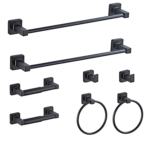 Matte Black Bathroom Hardware Set 8 Pieces,Towel Bar Set Stainless Steel Wall Mounted, Includes 16In Hand Towel Bar, Towel Ring, Robe Towel Hooks,Toilet Paper Holder, Bathroom Towel Rack Set… - color: Matte Black-8pcs, size: 16Inch