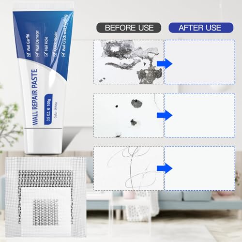 SEISSO Drywall Repair Kit, Wall Mending Agent*3(100g), Wall Patch*4, Scraper and Sandpaper*2, Wall Repair Paste Kit for Wall Cracks, Graffiti, Whitewall Hole Filler and Plaster Dent Repair - style: 3pcs wall paste