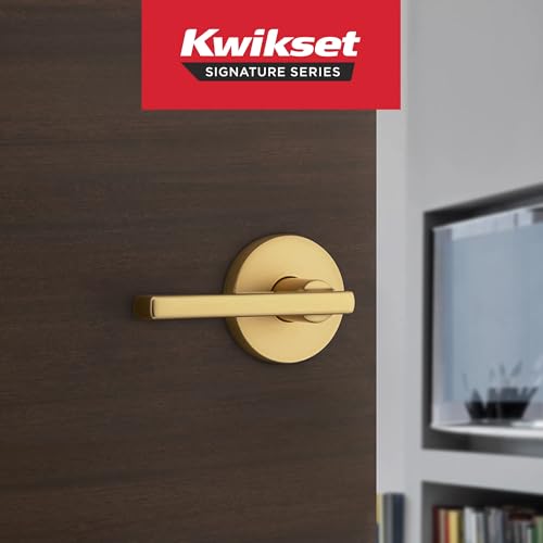 Kwikset Halifax Interior Round Privacy Door Handle with Lock, Door Lever for Bathroom and Bedroom, Satin Brass Reversible Keyless Push Button Lock Door Lever, 4 Pack - color: Satin Brass, size: 4 Pack