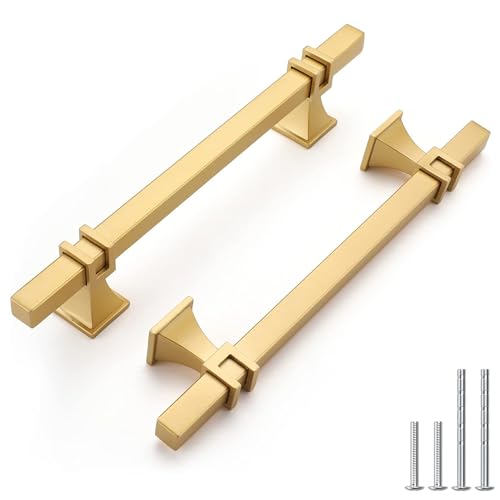 Haliwu 10 Pack 5 Inch Gold Cabinet Handles Brushed Brass Drawer Pulls - color: Matte Gold, size: Hole Center Spacing：128mm (5-1/16 inch)