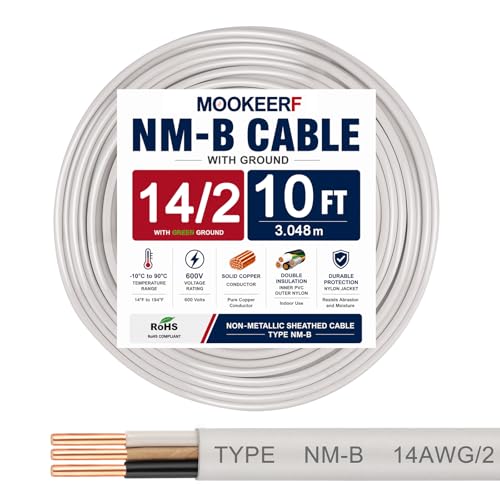 14/2 Wire with Ground - 10FT 14 Gauge NM-B Non-Metallic Sheathed Cable 100% Pure Copper 14 AWG 2 Conductor Residential Indoor Wire for Outlets, Switches, Other Loads and Lighting Wiring Projects etc. - size: 10FT, style: 14AWG/2