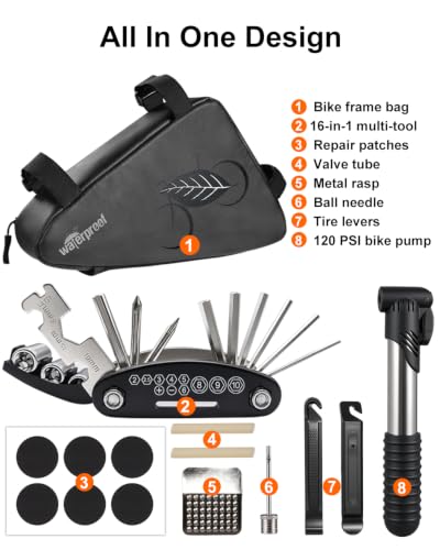NDakter Bike Frame Bag with Repair Kit, Bicycle Tire Repair Tool Kit Set with Pump & 16-in-1 Multitool, Emergency Bike Pack Accessories for Road MTB BMX