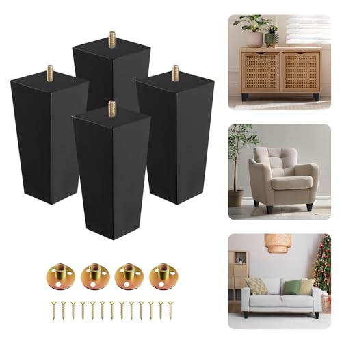 Yes4All 6-Inch Square Black Solid Wood Furniture Legs Set of 4, Heavy Duty 800 lbs Capacity, Adjustable Levelers, Replacement Furniture Legs for Couch, Sofa, Dresser, Ottoman, Chair, and Bed - color: Square Black, size: 6 inch