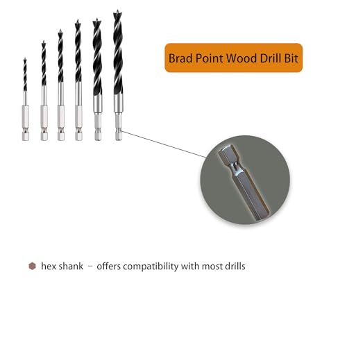 Brad Point Drill Bit Set, 6PCS Wood Drill Bits 1/8"-3/8" with Quick Change Hex Shank - Wood Drill Bit Set Professional for Hardwood, Plywood, Plastic, Ideal for Carpentry, DIY & Woodworking Projects - size: 6pcs