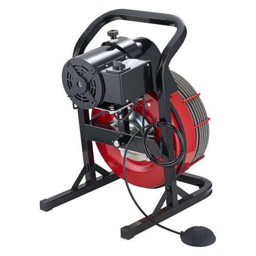 VEVOR 50FT x 1/2 Inch Drain Cleaning Machine, 250W Electric Drain Auger, Portable Sewer Snake Auger Cleaner with Cutters & Air-Activated Foot Switch for 1" to 4" Pipes, Black, Red - style: 50 FT x 1/2''