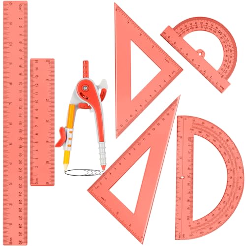 Zonon 7 Pcs Geometry Math Set with Compass Protractor Rulers, Orange - color: Orange