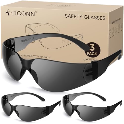 TICONN Clear Safety Glasses for Men & Women, ANSI Z87.1 Safety Goggles - style: 3 Pairs Charcoal
