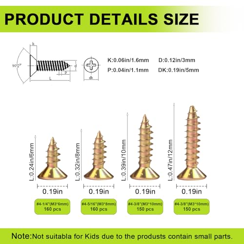 620Pcs M3 Wood Screws Set, Phillips Galvanized Flat Head Self Tapping Screw - color: Zinc, size: #4--620PCS