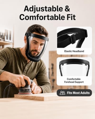 2 Pack Plastic Face Shield, Full Safety Face Protection Equipment with for Unisex and Adult, Reusable No Fogging Transparent Face Shield with Adjustable band, High-Definition Black