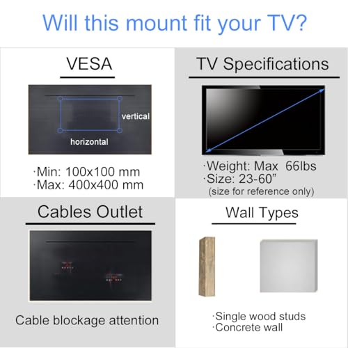 Suptek TV Wall Mount Swivel and Tilt Full Motion for Most 23 to 60 inch TV Mount up to 66lbs max VESA 400x400mm (A1+) - size: 23-60"