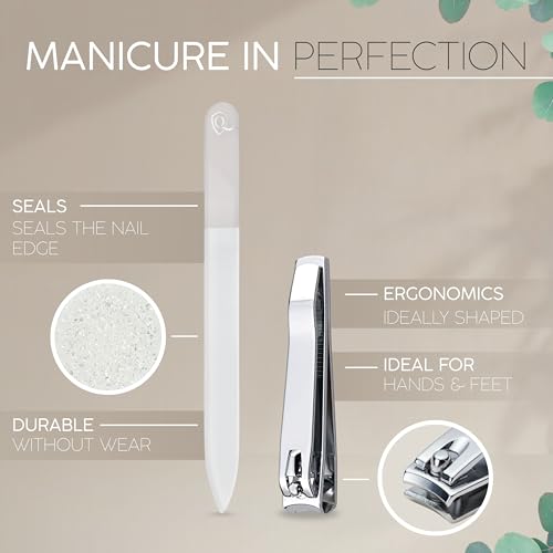Manicure Set Women and Men – 12-Piece Professional Grooming Kit with Premium Tools, Genuine Leather Case, and exclusive Glass Nail File for Hand & Foot Care, German Quality - color: Black Nappa