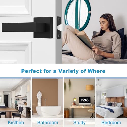 Estmoon 4 Pack Passage Door Knobs - Black Door Handle Interior Door Levers, Heavy Duty Non-Locking Locksets Hall Closet Handles, Reversible for Right & Left Sided Doors