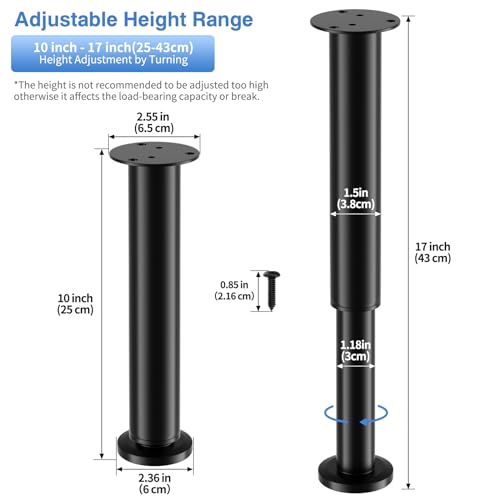 4 Pack Adjustable Height Replacement Furniture Legs 10-17 Inch - size: 10-17in