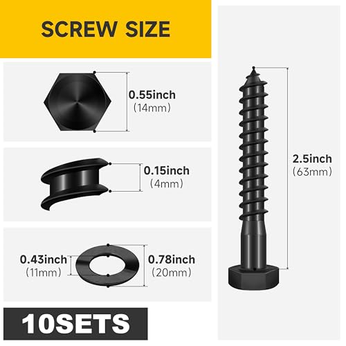(10Sets) 3/8" x 2-1/2" Hex Head Lag Bolts, Heavy Duty Lag Screws with Washers, 304 Stainless Steel Bolts 18-8, Lag Screws Wood Screws, Partial Thread Black Oxide, 3/8 Bolt by Mywish - size: 3/8 x 2-1/2" (10 set)