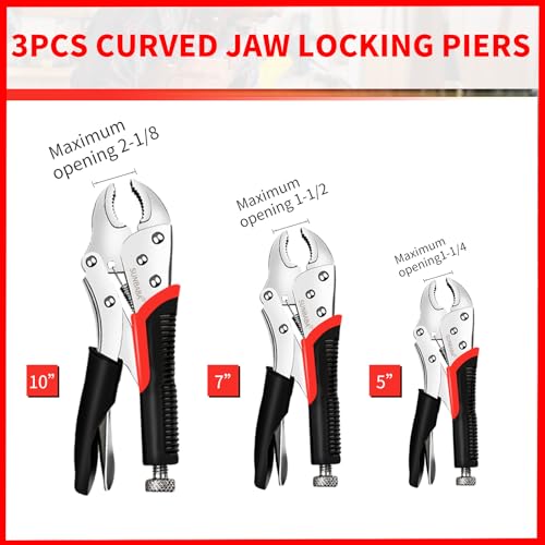SUNBABA Locking Pliers Set, 6-Piece Vice Grips Pliers Set Long Nose 6-1/2”, 9-1/2” Curved Jaw 5” 7” 10” C-Clamp 6” Adjustable Screw