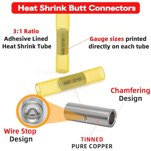 BAALA 40 PCS 12-10 Gauge Heat Shrink Butt Connectors Butt Splice Connector Marine Grade Waterproof Wire Butt Connectors Crimp Tinned Copper Wire Splice Connector